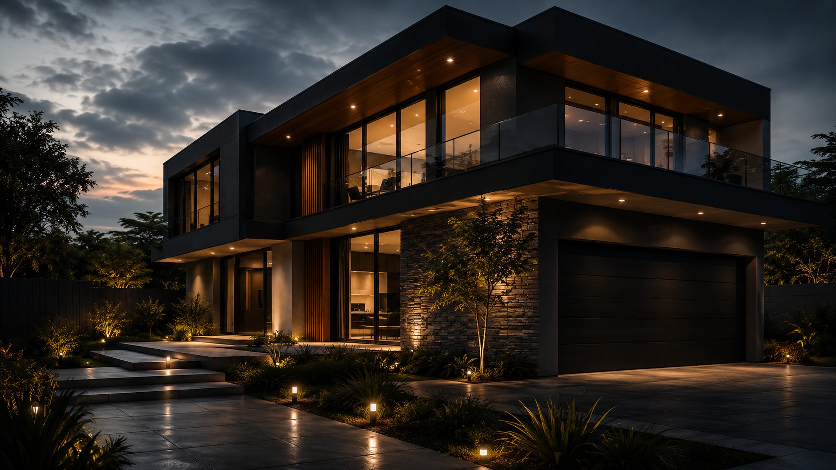 Fachada de imóvel residencial moderno à noite, com iluminação de destaque