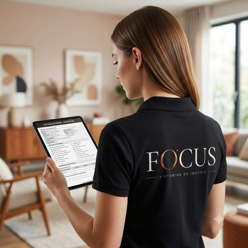 Vistoriadora da Focus Vistorias analisando um checklist digital em tablet durante uma vistoria